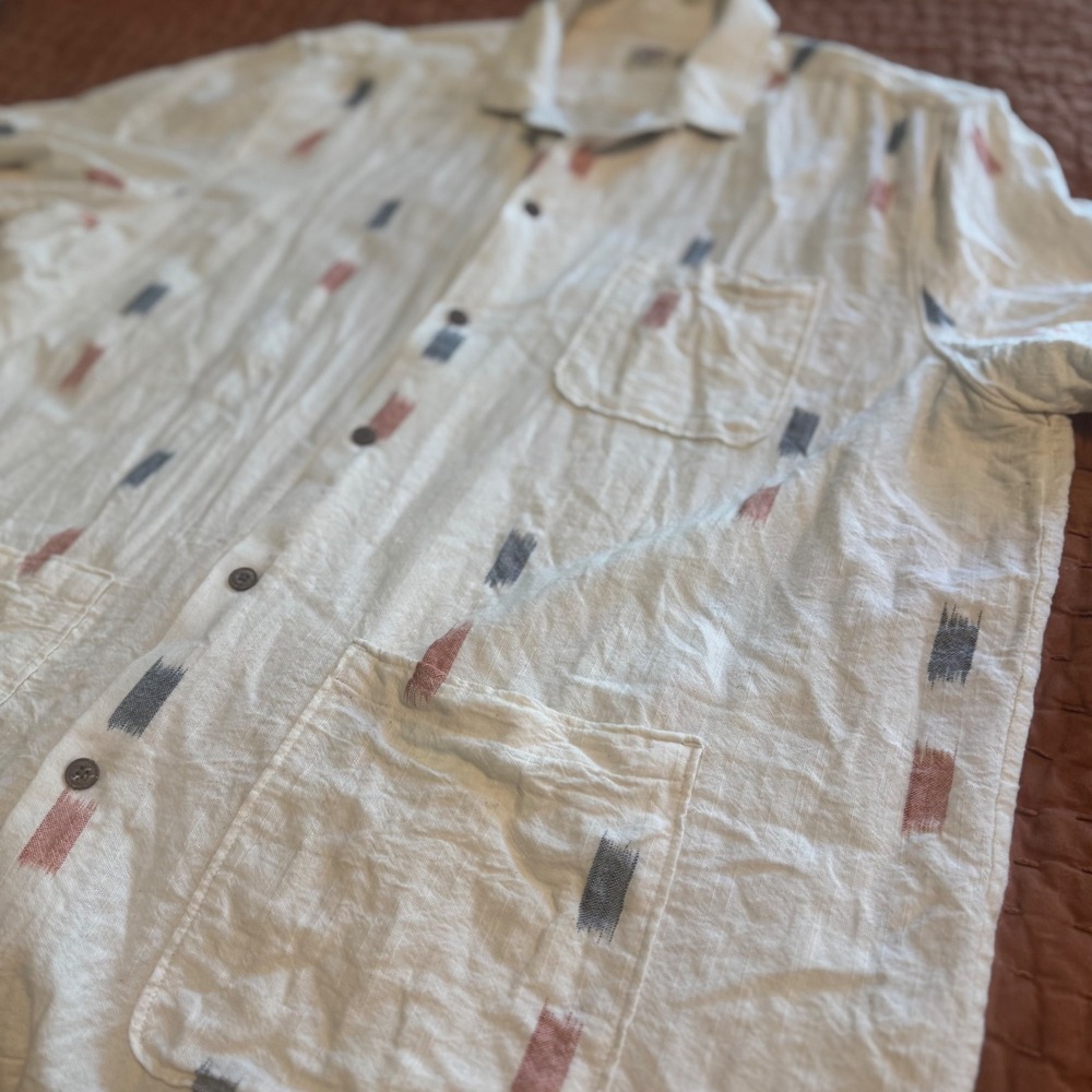 Faherty Brand Mens XXL Short Sleeve Ikat Print Linen Blend Camp Shirt Cream - Picture 3 of 9